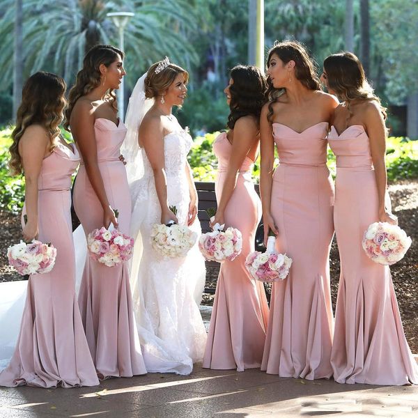 

blush pink sweetheart satin mermaid long bridesmaid dresses ruched floor length wedding guest long maid of honor dresses, White;pink