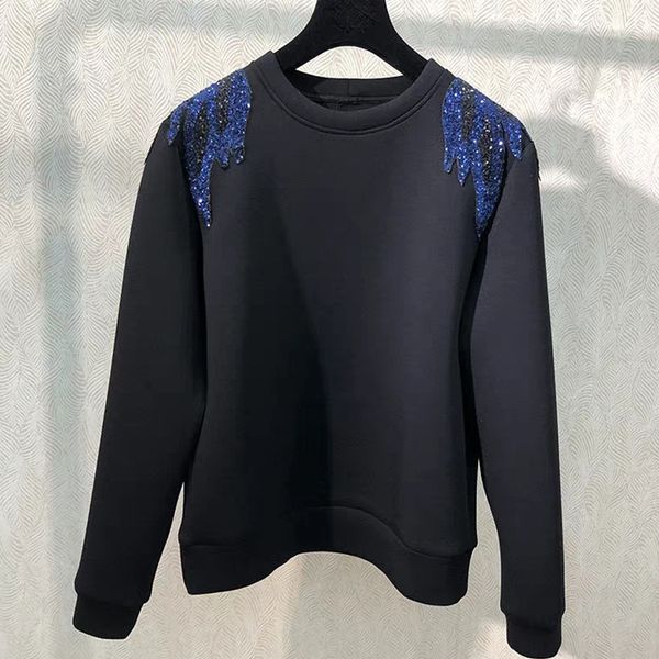 

cotton embroidered sequins women sweatshirt wild stylish ladies sports loose o-neck long sleeve female pullover, Black