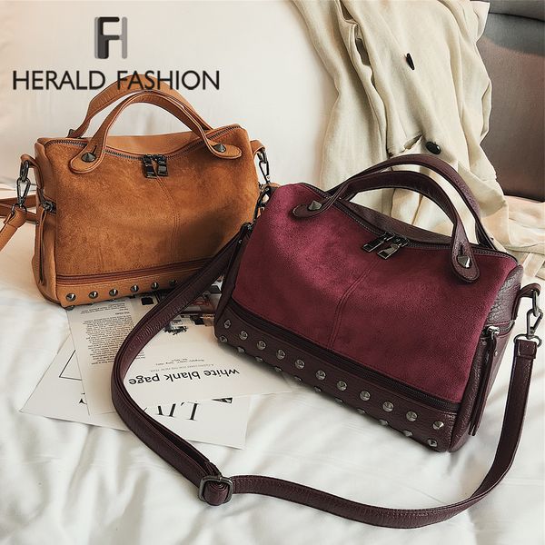 

herald fashion large quality leather female shoulder bag new women handle bags with rivets vintage motorcycle tote bags sac