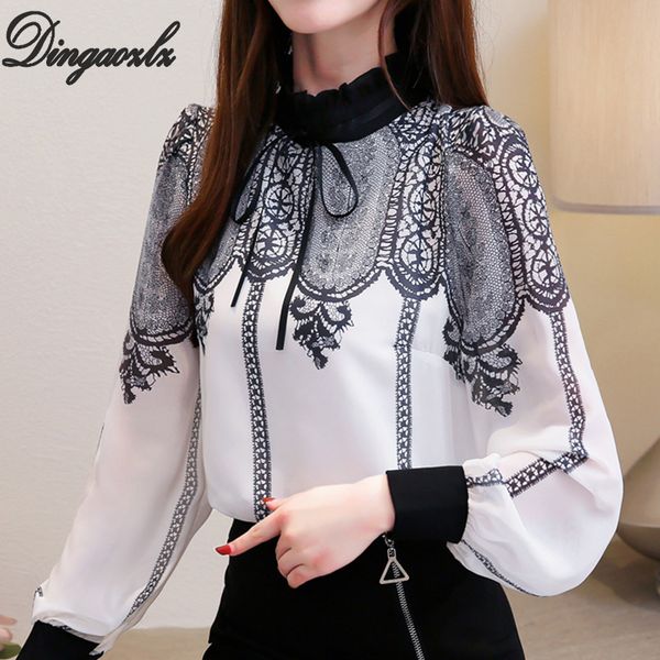 

dingaozlz 2019 fashion long sleeve chiffon shirt elegant bow printed chiffon shirt women casual clothing casual, White