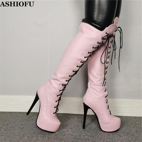 

ashiofu handmade new real ps women high heel boots cross-shoelace platform knee boots club evening fashion shoes, Black