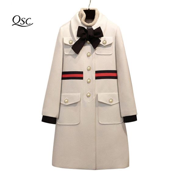 

2018 new winter coat women thick liner bow slim pocket wool coat slim woolen long cashmere coats cardigan jackets elegant blend, Black