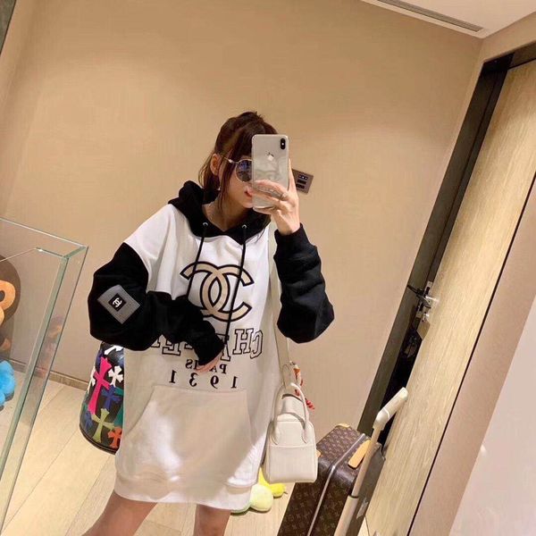 

simple commute, thread, splice, embroidered hooded cotton long style hoodie, Black