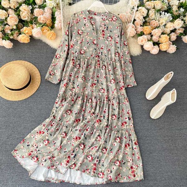 

long sleeve large size women's spring clothing 2020 female korean version loose retro printing long dress woman summer clothes, Black;gray