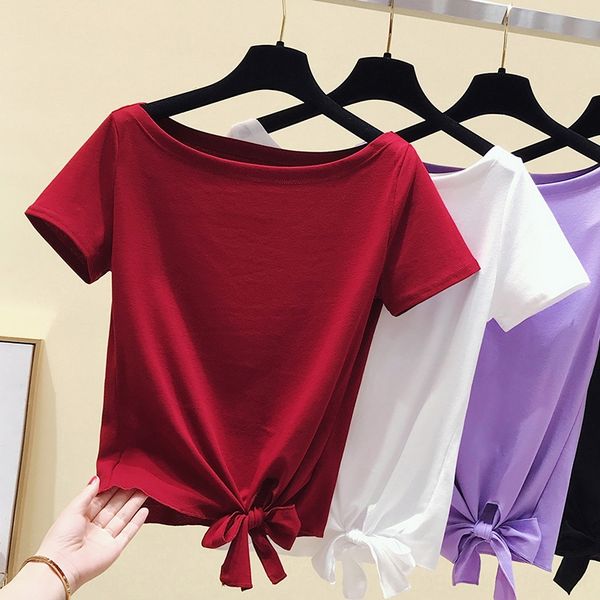 

short-sleeved t- women's 2020 summer clothes solid color t-shirt hem bow tie clothes butterfly clothing shoulder-length base shirt top, White