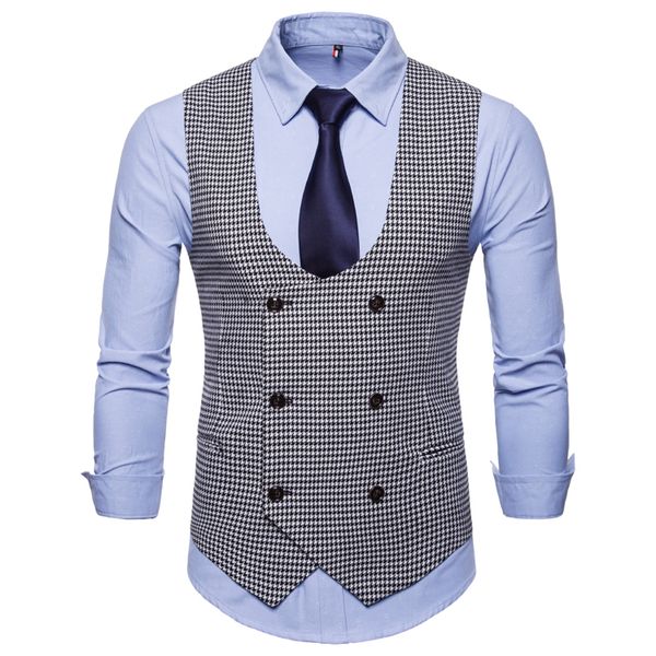 

new men plaid vest men formal casual double breasted dress suit vest waistcoat gilet male england style business slim fit vests, Black;white