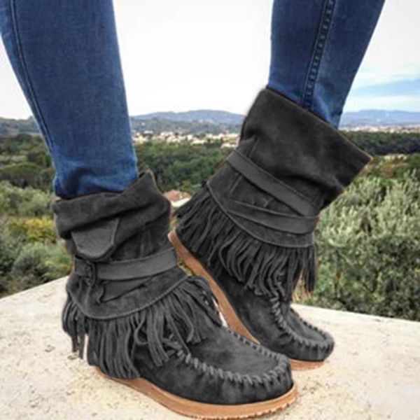 

fashion casual ankle boots for women retro round toe rome fringe short ankle boots woman shoes buckle strap snow women, Black