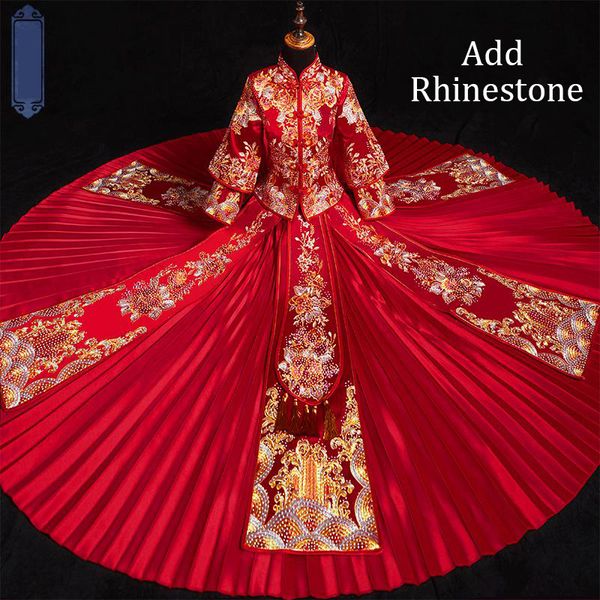 

red cheongsam pleated dress wedding rhinestone evening gowns long sleeve qipao royal chinese women stage show clothing