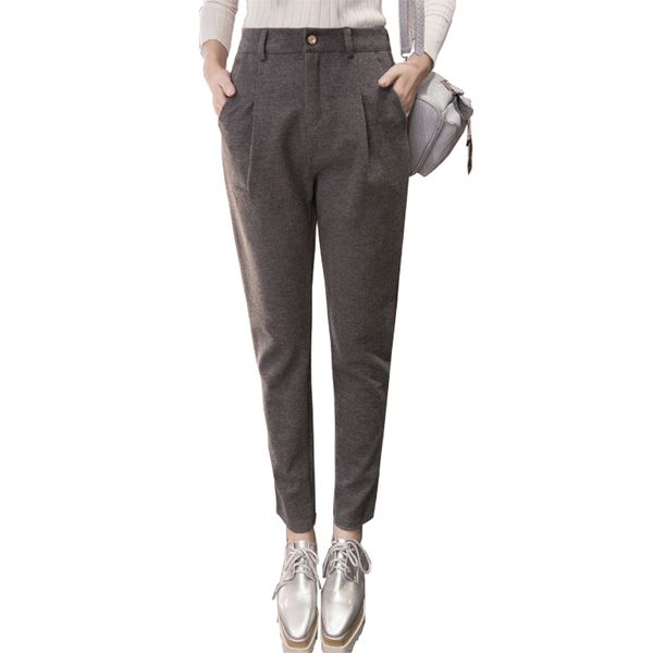 

trousers for women 2018 autumn winter women's straight thick woolen high waist pants plus size casual black gray pencil pant, Black;white
