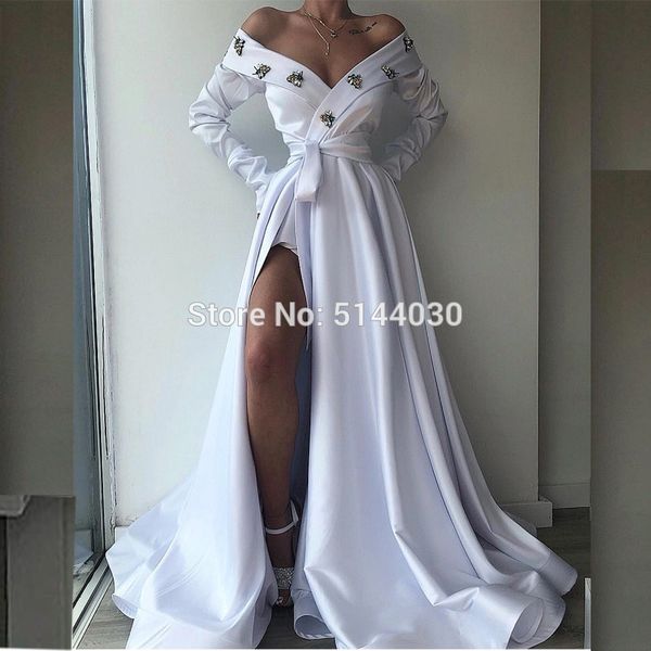 

с плеча белые вечерние платья 2019 сексуальный глубокий v-образным вырезом с высоким разрезом с длинными рукавами атласная платье выпускного, White;black