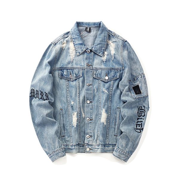 

sokotoo men's trendy letters embroidery jean jacket loose holes ripped distressed denim coat outerwear, Black;brown