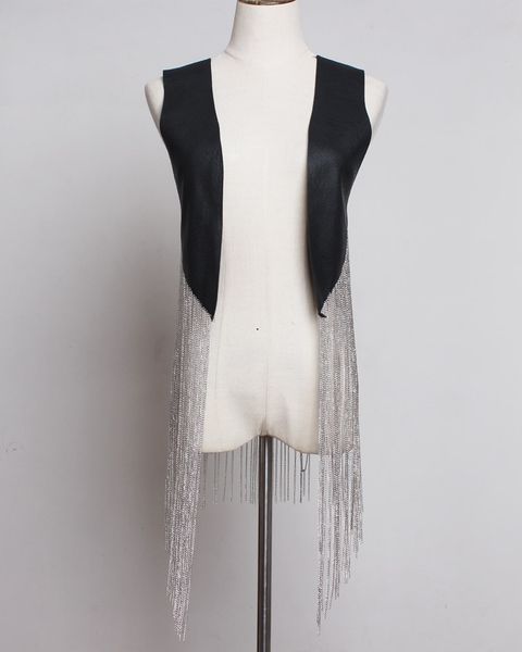 

2019 street metal chain tassel wild wear vest solid women summer cardigan patchwork pu leather black vest, Black;white