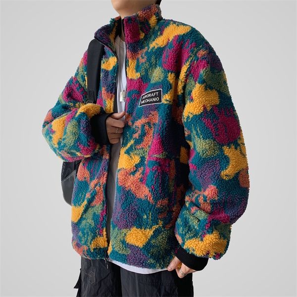 

winter thick lamb fur jackets men's fashion parka men printed casual stand-up collar cotton coat mens loose jacket male clothes, Black