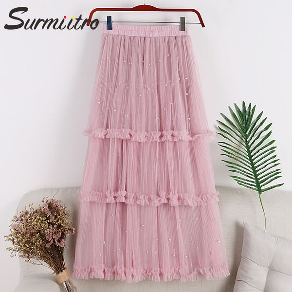 

surmiitro long beading cake tulle skirt women 2019 spring summer fashion korean a-line pleated high waist pink sun skirt female, Black