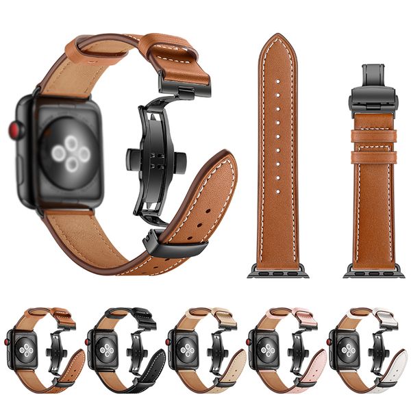 

genuine cow leather watchband for apple watch 38mm 40mm 42mm 44mm butterfly buckle bracelet band for apple iwatch strap series1234 wristband