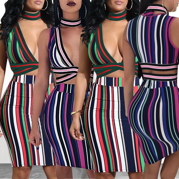 

fashion women's v-neck stripe sleeveless slim 2 color two-piece set nightclub two piece dress women's dress suits, White