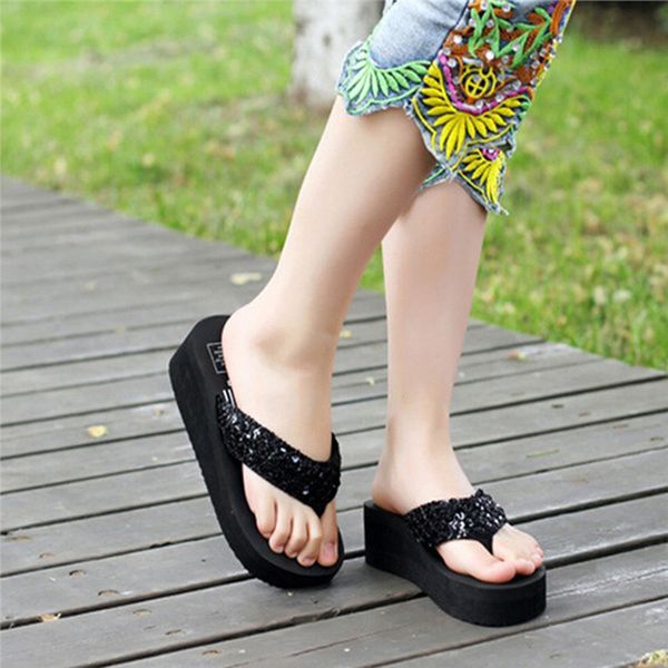 

2019 torridity fashion women's slippers sequins -slip fasten sandals indoor outdoor thong heels slippers -flops, Black