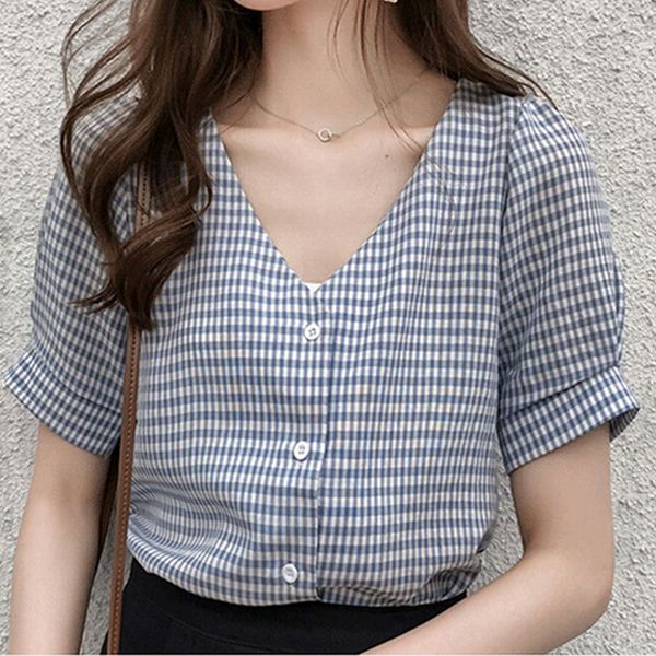 

women's blouses & shirts 2021 short sleeve plaid casual v neck blusa feminina lady clothing female blouse shirt blusas mujer de moda, White