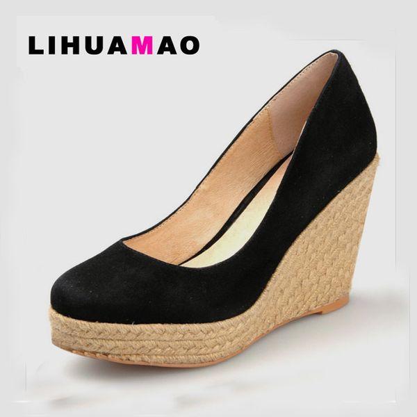 

lihuamao замша женщины клинья обувь круглый носок платформы эспадрильи каблук насосы скольжения на отдых партии свадьба офис карьера обувь, Black