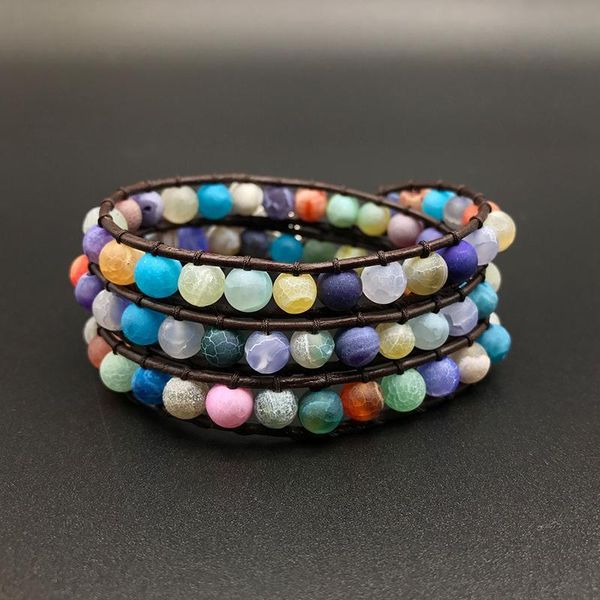 

youga vintage leather bracelets vibrant natural stones 3 strands wrap 53cm bracelets woven strand bracelet handmade jewelry, Black