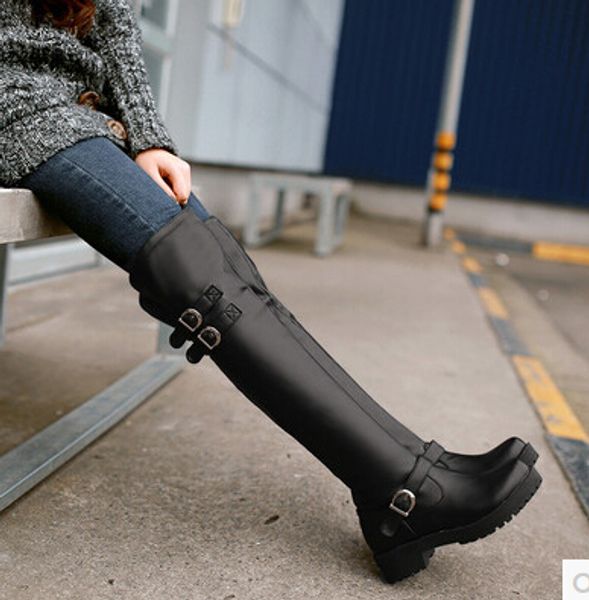 

2017 female boots autumn and winter knee boots stovepipe high tube knee and helmets with knights round head, Black