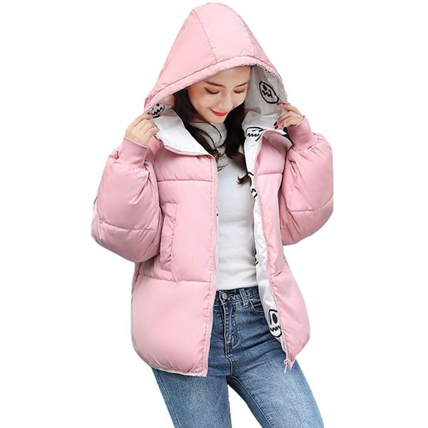 

double-sided wear short paragraph hooded bread service coat female 2019 winter cute cartoon pattern cotton clothing coat by175, Black