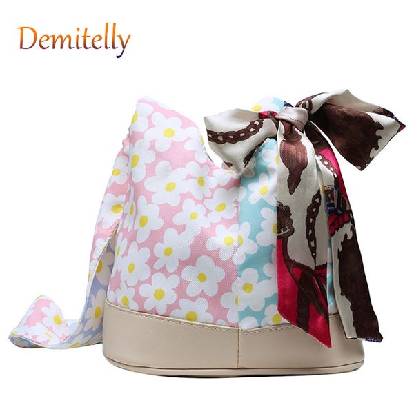 

literary and art fan small fresh bucket bag small daisy printed silk scarf ladies shoulder bag summer stitching women's handbag
