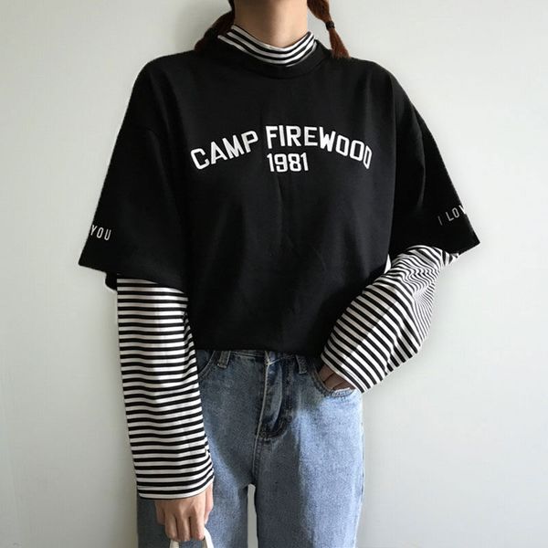 

осень повседневная мода корея hip hop нашивки водолазка толстовка с длинным рукавом vintage пуловеры сыпучие harajuku полосатый толстовка, Black