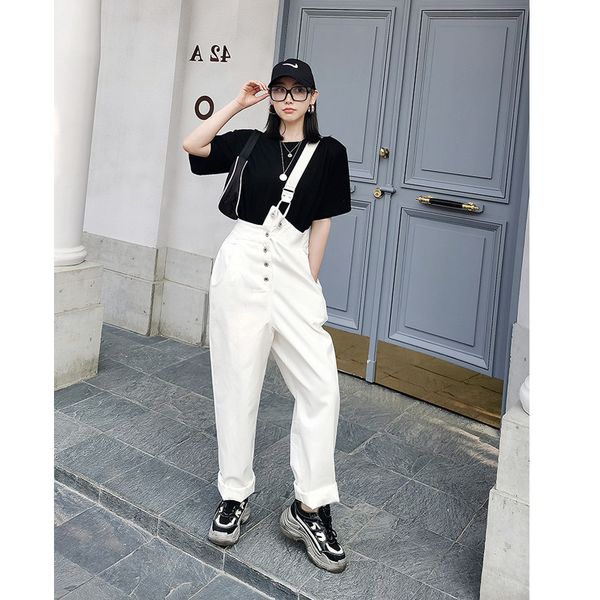

causal solid jeans women's pants jumpsuits fashion single breasted high waist long rompers woman clothing straight bodysuits, Black;white