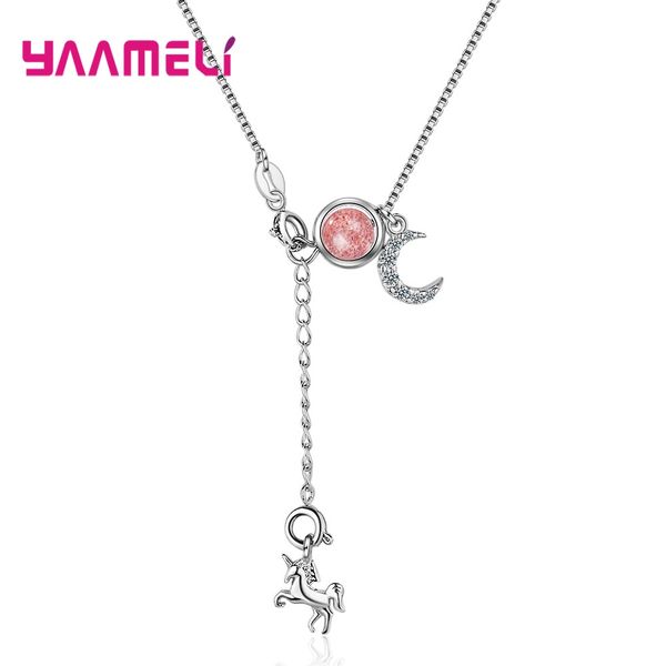 

wholesale price 925 sterling silver strawberry crystal/moonstone cute unicorn moon shape pendant necklace for women