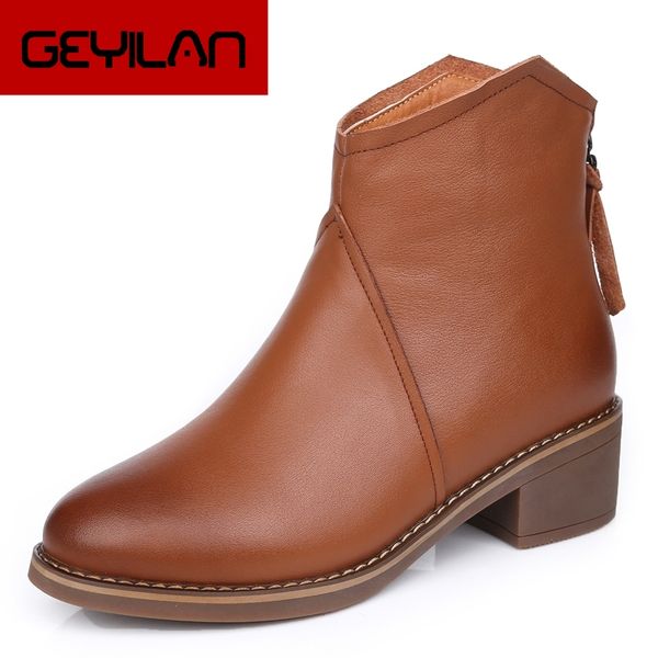 

women ankle boots shoes genuine leather vintage zip ladies boots high heel female snow boot warm plush winter, Black