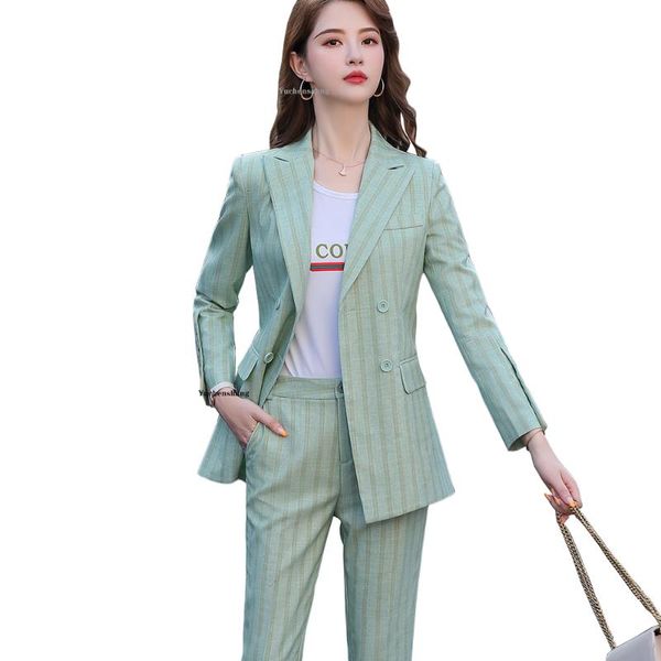 

women's suits & blazers fashion women double breasted pant suit s-5xl casual green khaki pink stripe jacket blazer and 2 piece set, White;black