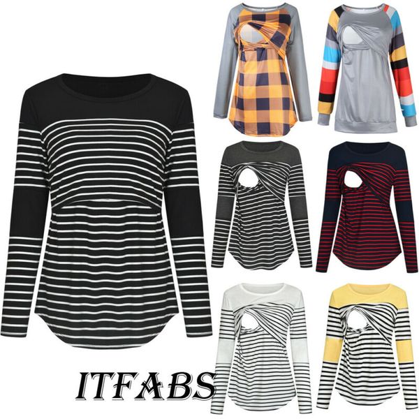

pregnant women breastfeeding nursing maternity double layer stripe long sleeve t-shirts autumn women casual sleepwear, White