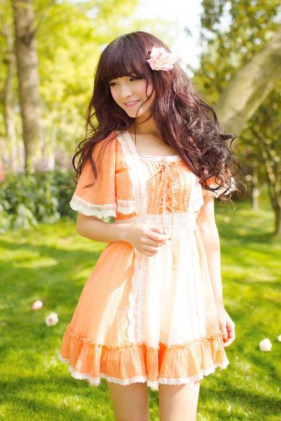 

japanese style lace cotton creped sleeve dresses, Black;gray