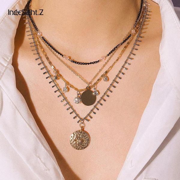 

ingesight.z bohemian multi layered crystal flower choker necklace collar statement carved coin pendant necklace women jewelry, Silver