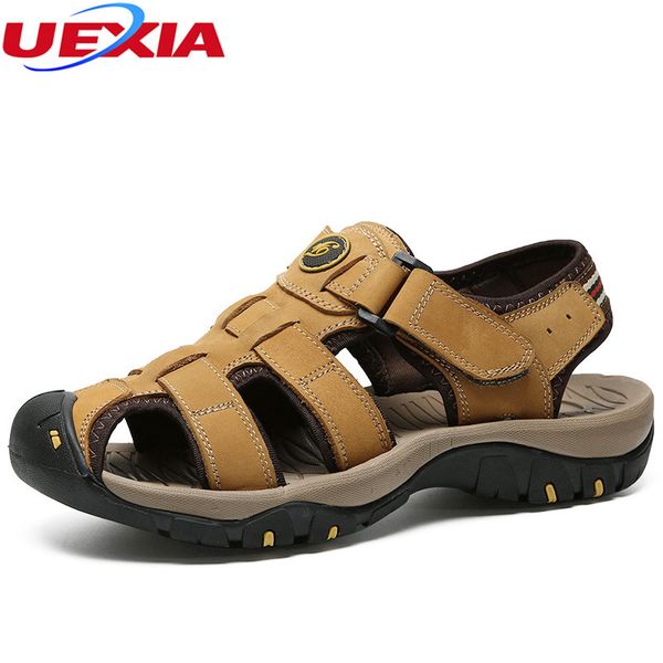

uexia outdoor walking fashion summer leisure beach men shoes leather sandals slippers sneakers casual big size 47, Black