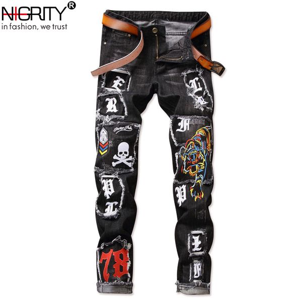 

jeans men slim hip hop micro elasticity pants tiger pattern embroidery trousers streetwear hole jeans large size 38, Blue