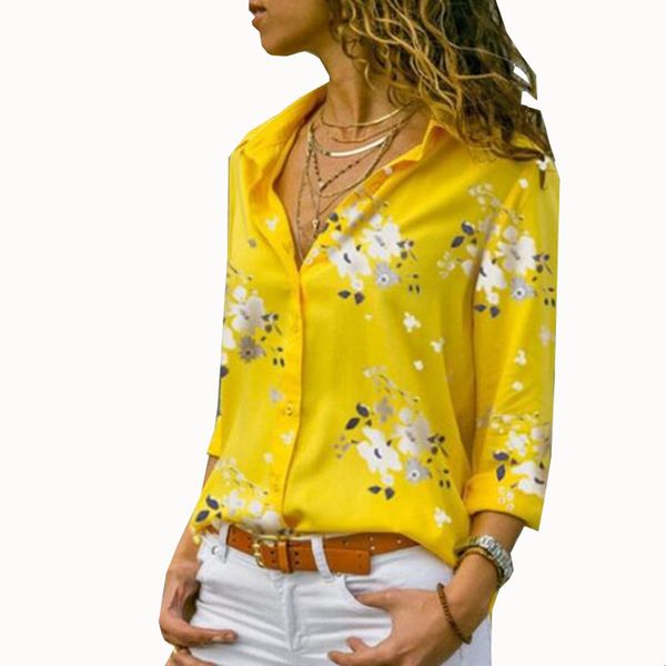 

women blouses 2019 summer elegant long sleeve print v-neck chiffon blouse female work wear shirts plus size 5xl lapel blusa, White