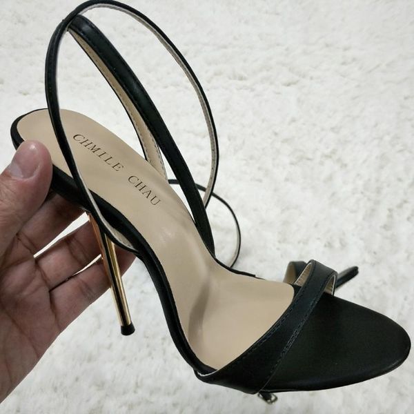 

black leather high heel slimmer popular dress party women sandals summer new open toe ankle strap stiletto 11cm heel shoes