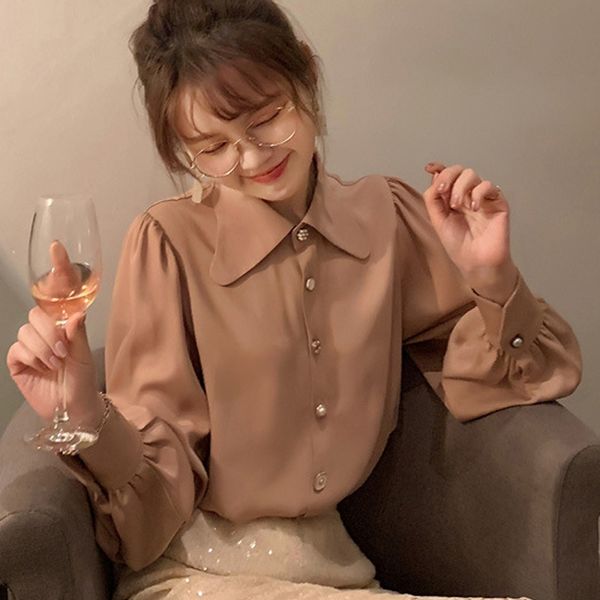 

golden full lantern sleeve shirt women new spring turn down collar pearl button chiffon blouse shits blusa chemise camisa, White