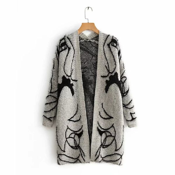 

spring fashion casual grey knitting trench coat for women cartoon young girl pattern open stitch windbreaker woman clothes, Tan;black