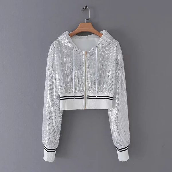 

spring-autumn women fashion white black sequins short jacket 2019 long sleeve hooded pink bling party club jackets outwear, Black;brown