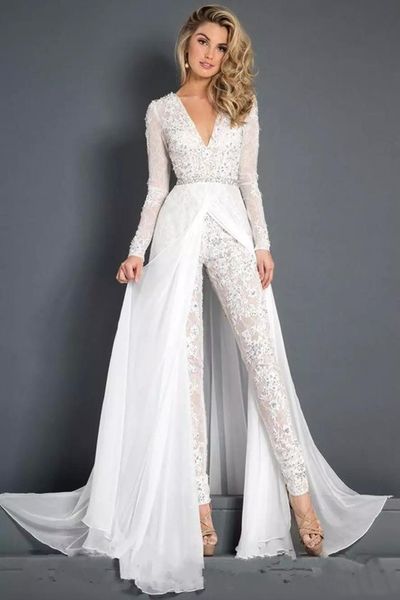 

2019 new lace 2019 new lace chiffon wedding dress modest v neck long sleeve beaded belt skirt beach casual jumpsuit bridal gown, White