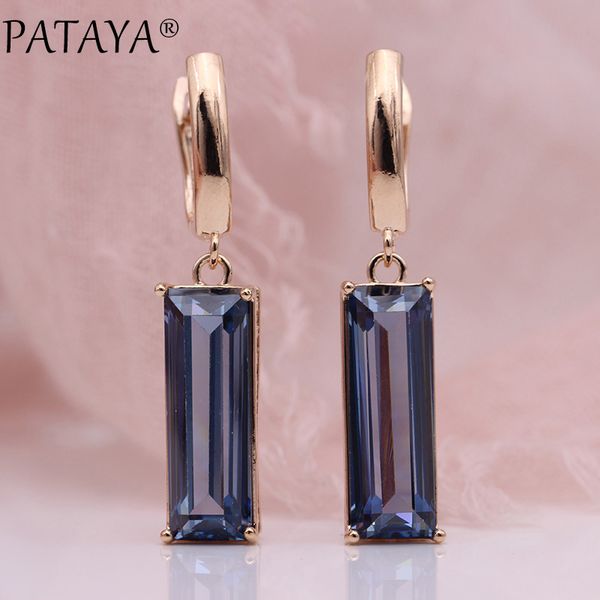 

pataya new 2 colors 585 rose gold white gold square glass long dangle earrings women wedding big earring jewelry accessories, Golden