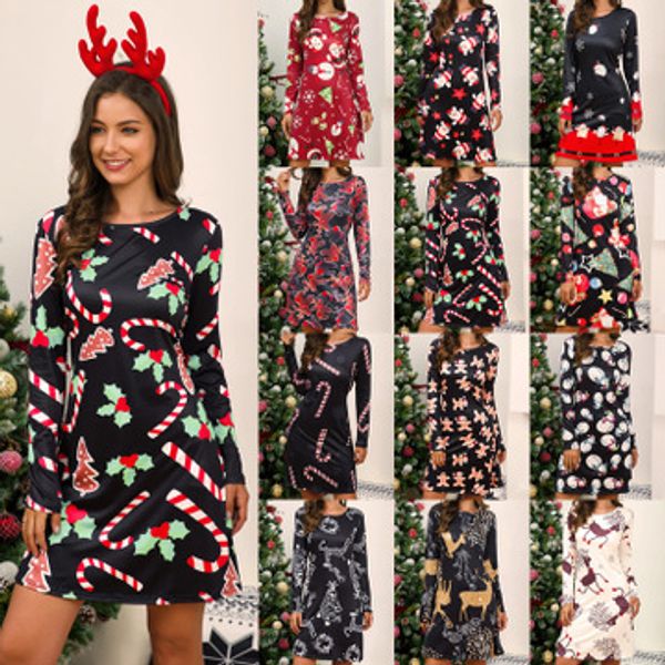 Plus Größe Weihnachten Kleid O Hals Langarm Deer Schnee Mann Print Kleid Frauen Kleidung Casual Lose Flare Party Kleider