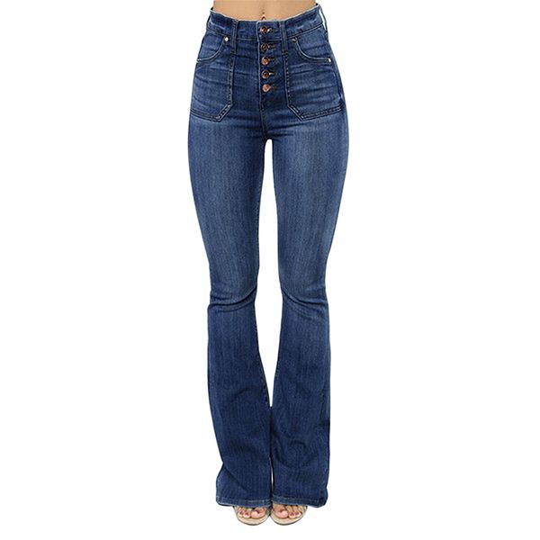 

nice women fashion jeans button slim show thin casual pants jeans female flared trousers wide leg long pants, Blue