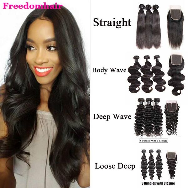 

бразильский девственные волосы straight водоем волна человеческих волос ткет 3 связки с 4x4 кружева закрытие бразильского remy волос утками, Black