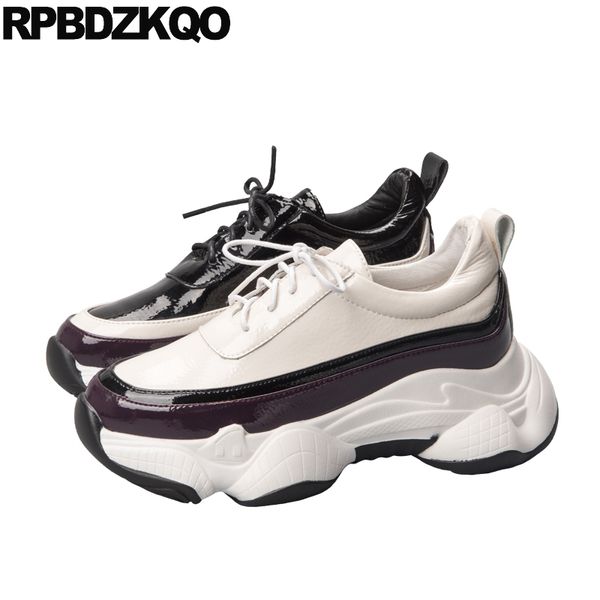 

genuine leather women 2019 female patent shoes creepers round toe harajuku brand pumps beige wedge lace up high heels platform, Black
