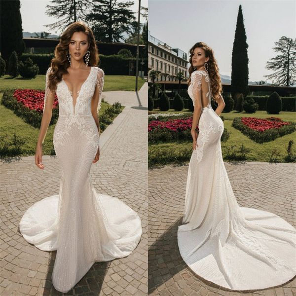 

glitter mermaid wedding dresses high v-neck long sleeve appliqued lace sequins beaded bridal dress sweep train custom made bridal gown, White