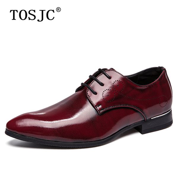 

tosjc new arrival mens smooth leather brogue shoes man lace-up business dress oxfords breathable red banquet wedding derby shoes, Black